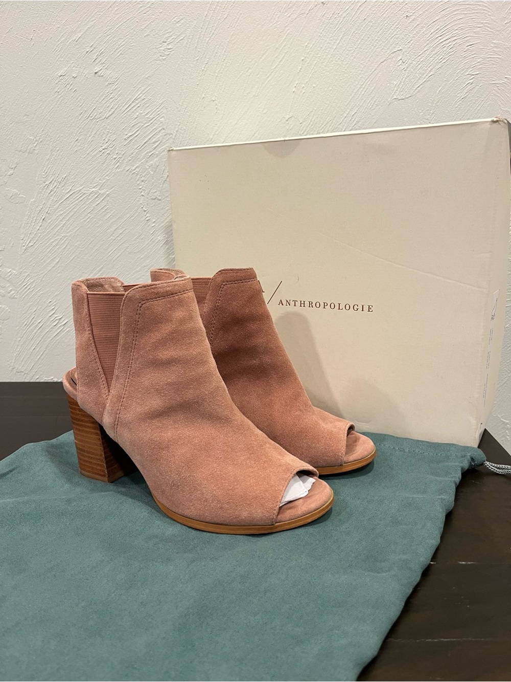 Anthropologie Suede Side Gore Shootie Blush heel bootie with peep toe. 7